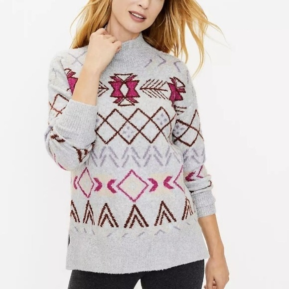 Lou & Grey Sweater Size XS Mock Neck Gray Fair Isle Tunic Winter Comfy Cozy - Picture 1 of 12